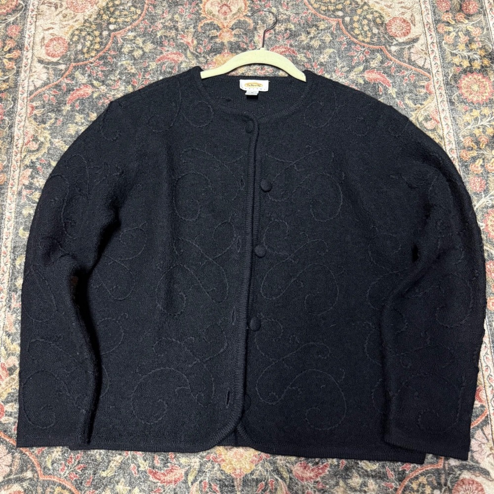 Talbots Petites Black 100% Wool Embroidered Button Front Cardigan Sweater M